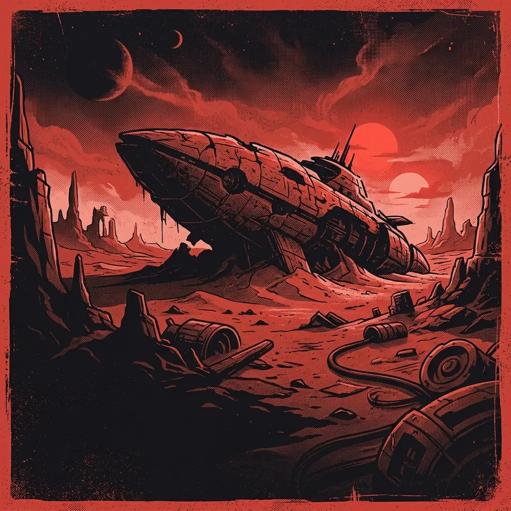ilustración tributo de una nave espacial abandonada en un desierto interplanetario bajo dos soles, atmósfera de aventura y soledad cósmica, paleta rojo y negro, sin rostros ni logos
