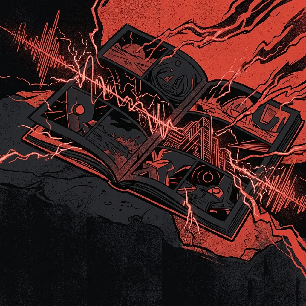 ilustración tributo de un cómic de ciencia ficción abierto con páginas que se convierten en ondas de sonido eléctricas, atmósfera de narrativa y energía, paleta rojo y negro, sin texto ni logotipos