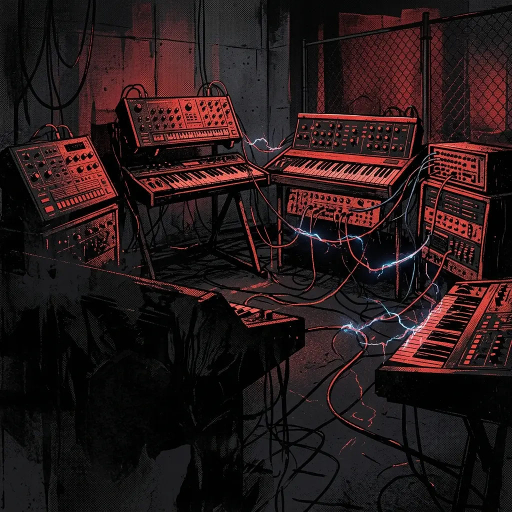 ilustración tributo de un estudio de grabación industrial en penumbra con sintetizadores analógicos y cajas de ritmos rodeados de cables y chispas eléctricas, atmósfera aggrotech brutal noruega de los 2000, sin rostros reconocibles ni logos, paleta rojo y negro
