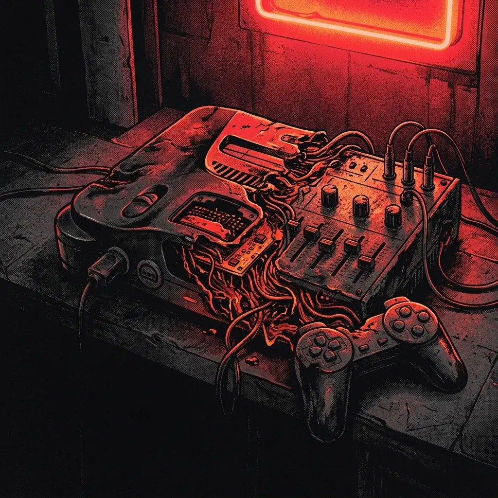 ilustración tributo de una consola de videojuegos derretida y fusionada con un sintetizador industrial bajo luz roja de neón, atmósfera industrial metal de mediados de los 2000 evolucionando hacia el metal pesado, sin rostros ni logos, paleta rojo y negro con destellos anaranjados