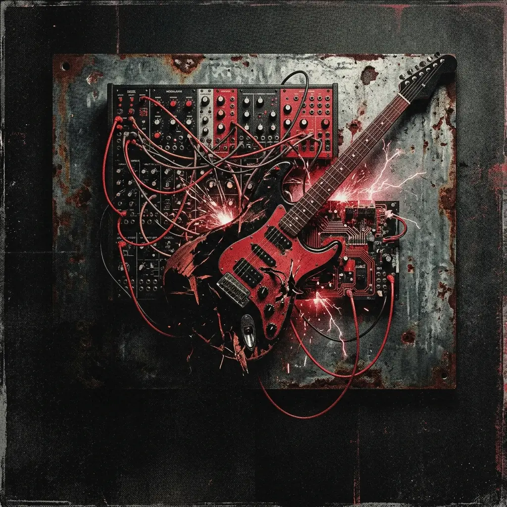 ilustración tributo de un sintetizador modular y una guitarra eléctrica destrozada fusionados sobre una plancha de metal corroída, circuitos expuestos chisporroteando bajo luz infrarroja industrial, representación del aggrotech y el industrial metal sin rostros ni logotipos, paleta rojo y negro con destellos metálicos