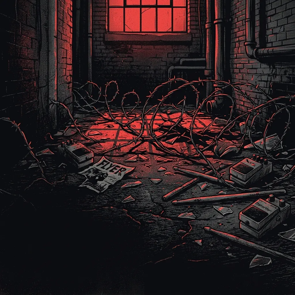 ilustración tributo de alambre de púas retorcido y vidrio roto sobre asfalto húmedo de un callejón de Salem Massachusetts, atmósfera hardcore punk extremo noventero, luz roja eléctrica desde una ventana industrial alta, sin rostros reconocibles ni logos, paleta rojo y negro