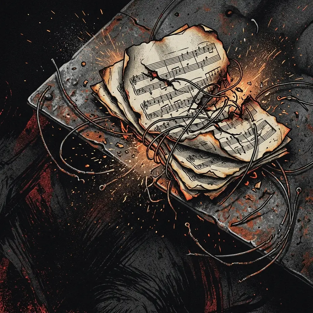 ilustración tributo de una partitura musical desgarrada y retorcida sobre metal oxidado, rodeada de chispas y fragmentos de cuerda de guitarra, atmósfera mathcore hardcore técnico de Salem Massachusetts, sin texto ni logotipos, paleta rojo y negro con toques de naranja metálico