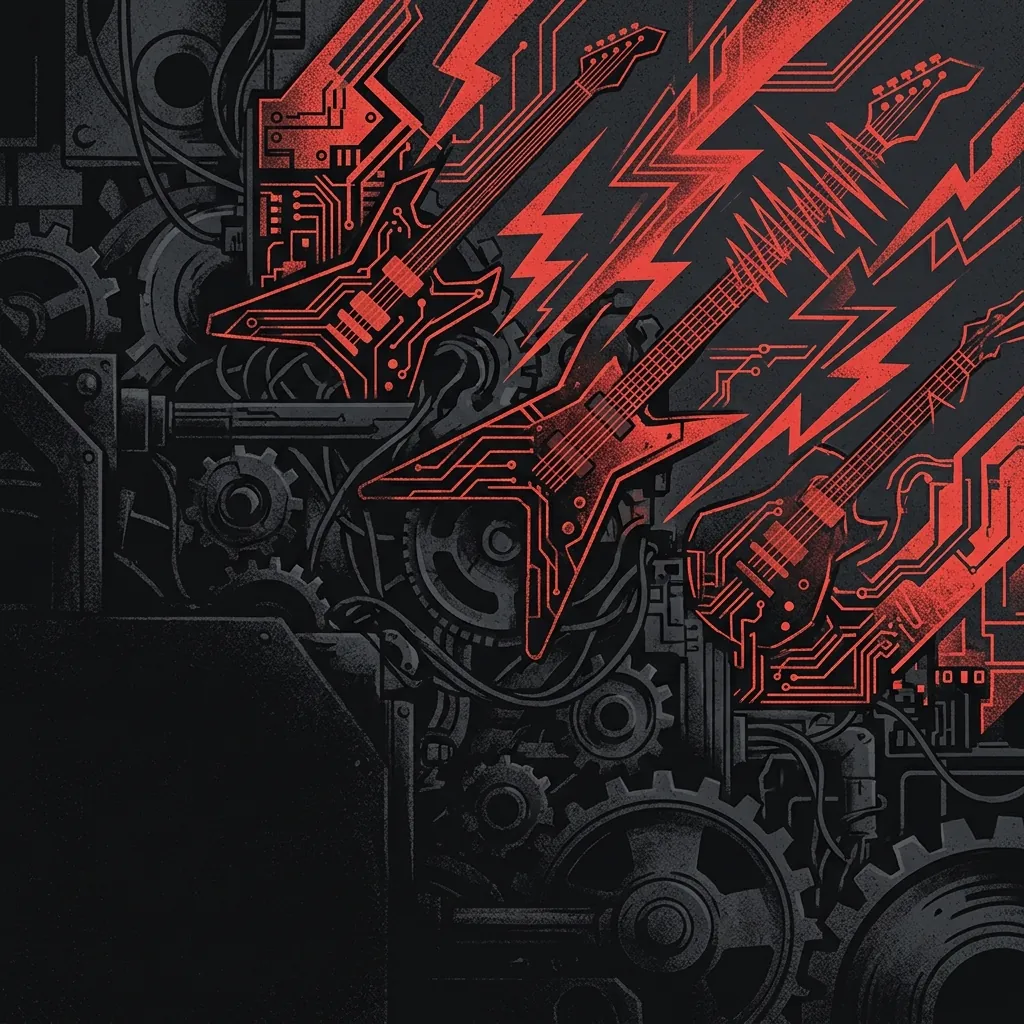 ilustración tributo de un laboratorio de metal oscuro con engranajes y circuitos que se transforman en riffs de guitarra, ambiente frío y geométrico, paleta rojo y negro, sin rostros reconocibles ni logos