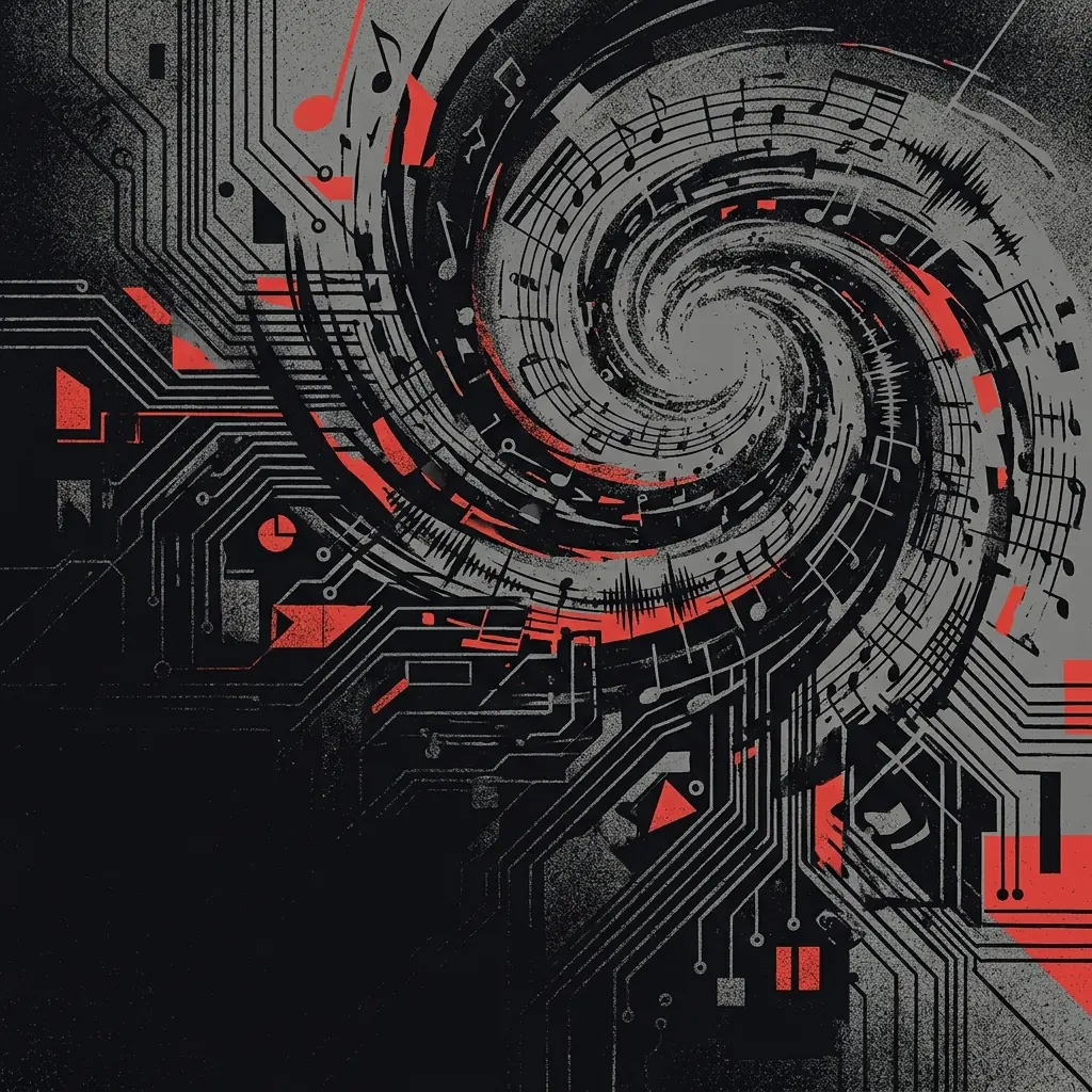 ilustración tributo de una galaxia de notas musicales y circuitos geométricos que explotan en espiral, atmósfera de precisión técnica y energía oscura, paleta rojo y negro, sin rostros ni logos