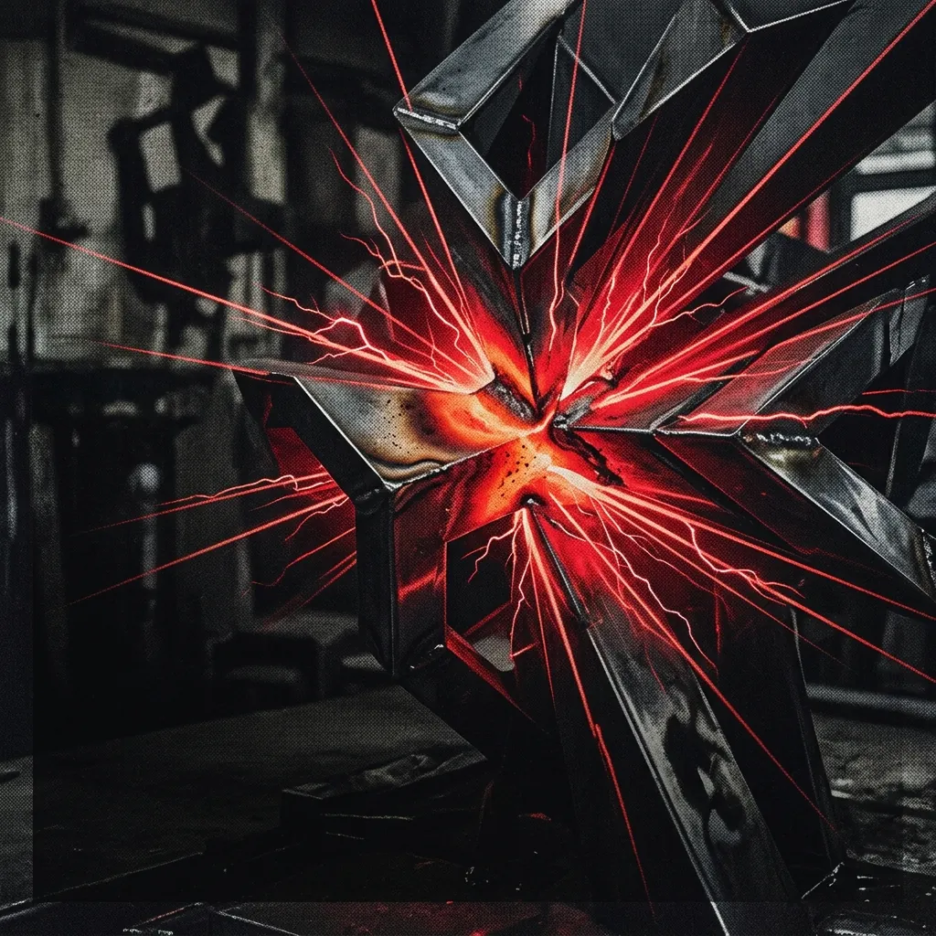 ilustración tributo de una estructura geométrica tridimensional de metal fundido con rayos que parten de su centro, representando precisión técnica y complejidad compositiva, paleta rojo y negro, sin texto ni logotipos