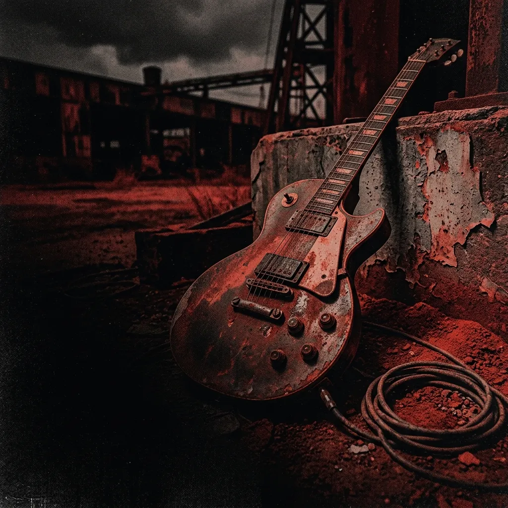 ilustración tributo de una guitarra eléctrica oxidada sobre fondo de tierra roja del sur de Estados Unidos, atmósfera densa y pesada de los 80, paleta rojo y negro sin rostros reconocibles ni logos