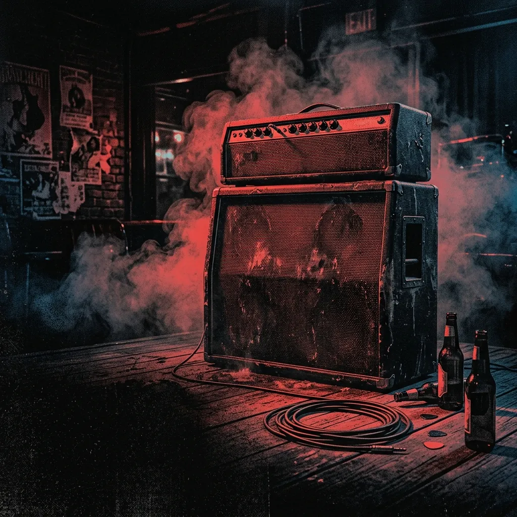 ilustración tributo de un amplificador vintage rodeado de humo en un escenario sudoroso del sur de Estados Unidos, atmósfera azul y roja de club nocturno, sin rostros ni logos