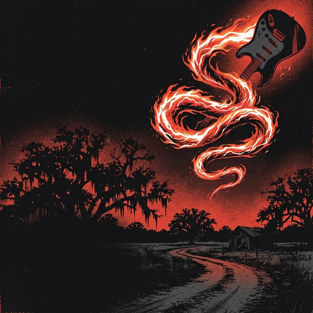 ilustración tributo de un riff de guitarra eléctrica que se convierte en serpiente de fuego sobre paisaje nocturno del sur de EE. UU., paleta rojo y negro quemado, sin texto ni logotipos