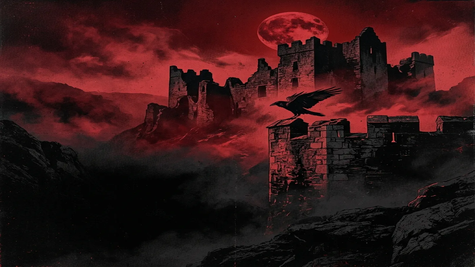 ilustración tributo de un castillo en ruinas rodeado de niebla roja bajo una luna llena carmesí, cuervo posado en almena de piedra, atmósfera de black metal gótico inglés años 90, sin rostros reconocibles ni logos, paleta rojo y negro sangre