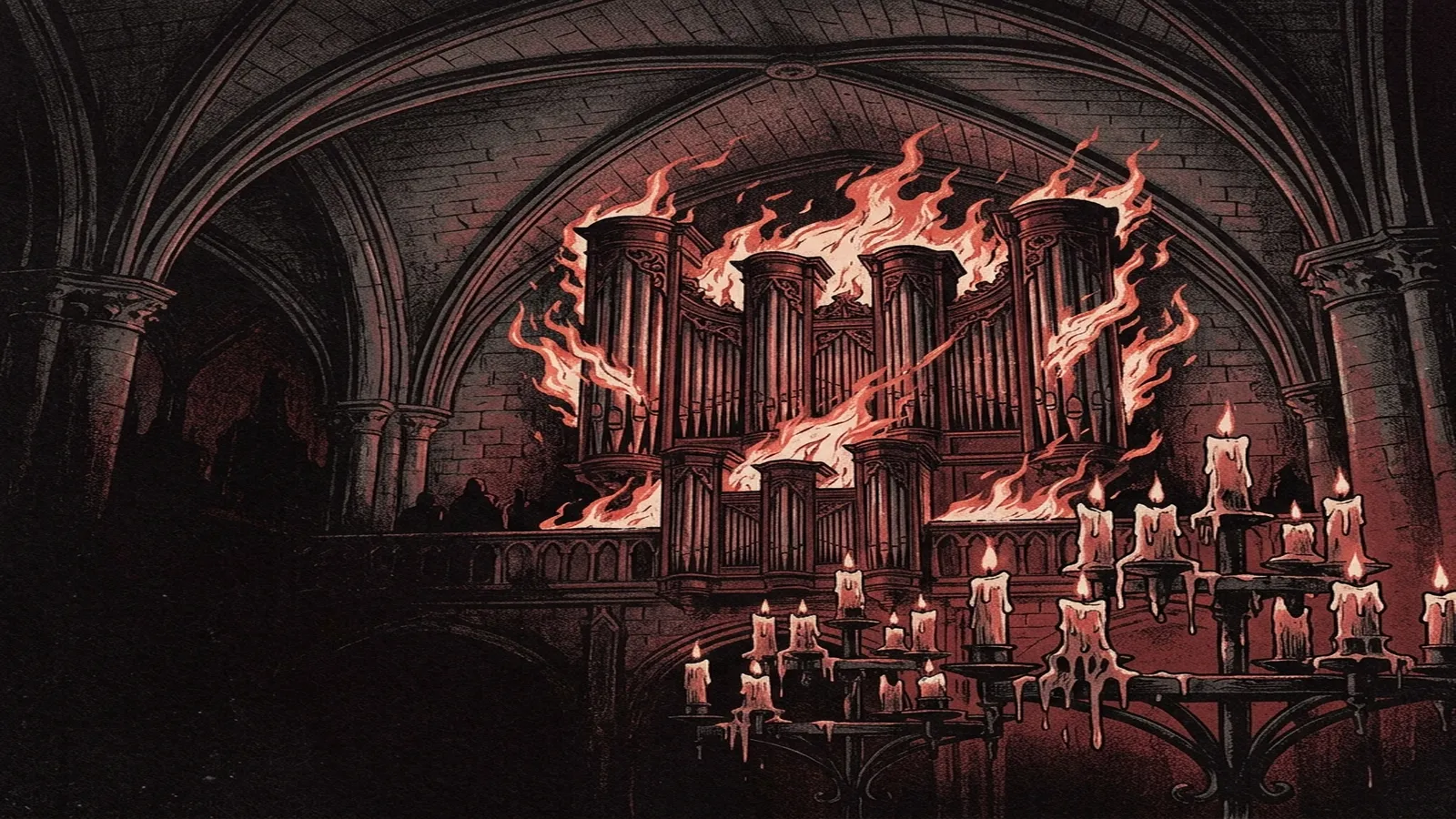 ilustración tributo de un órgano de catedral envuelto en llamas bajo una bóveda de piedra gótica, velas derritiéndose sobre candelabros de hierro forjado, atmósfera de metal sinfónico oscuro del año 2000, sin rostros ni logos, paleta carmesí y negro