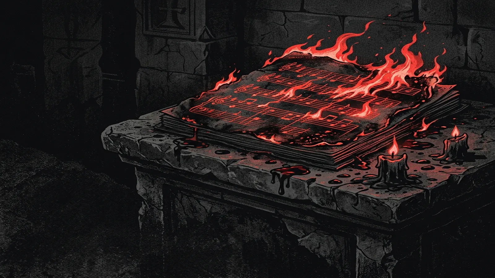 ilustración tributo de una partitura musical ardiendo sobre un altar de piedra, pentagrama de cinco líneas convertido en llamas rojas, gotas de cera de vela sobre papel ennegrecido, atmósfera de metal sinfónico oscuro, sin texto ni logotipos, paleta rojo y negro