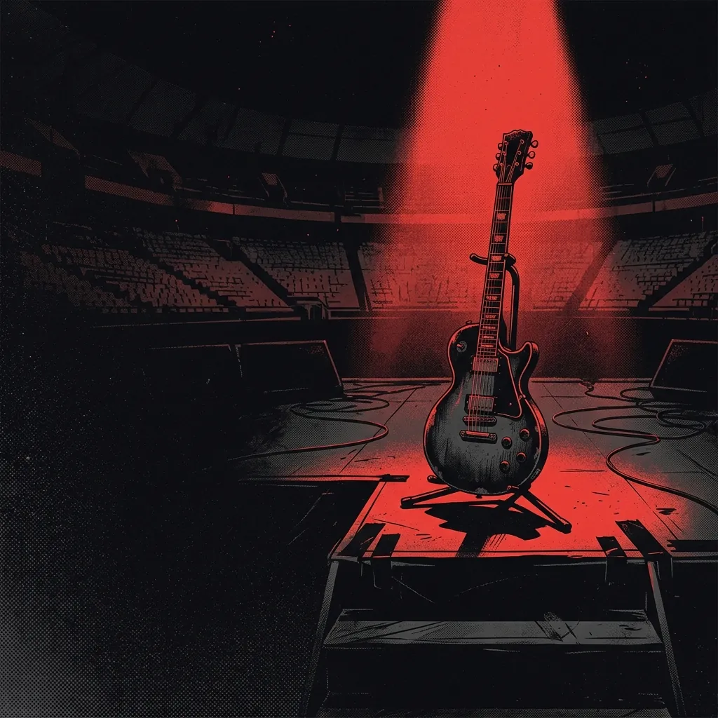 ilustración tributo de una guitarra eléctrica erguida sobre un escenario de estadio vacío bajo luz roja intensa, atmósfera épica y tensa, paleta rojo y negro, sin rostros reconocibles ni logos