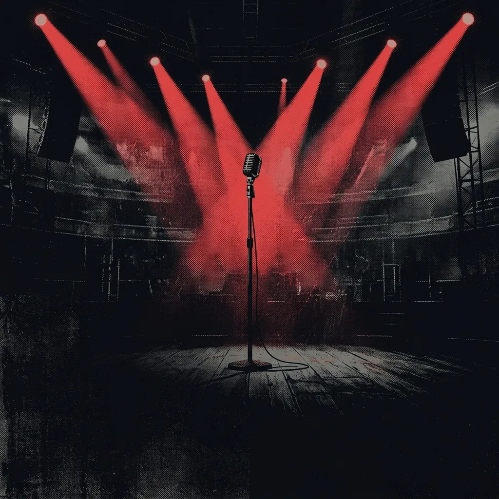 ilustración tributo de un micrófono solitario en el centro de un escenario oscuro con luces de estadio convergiendo desde las alturas, paleta rojo y negro, sin rostros ni logos