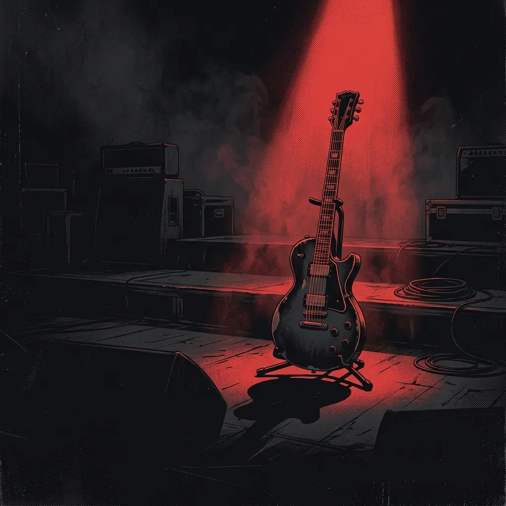 ilustración tributo de una guitarra eléctrica con cuerdas tensadas bajo un foco de luz roja en un escenario de estadio, atmósfera épica y solemne, paleta rojo y negro, sin texto ni logotipos