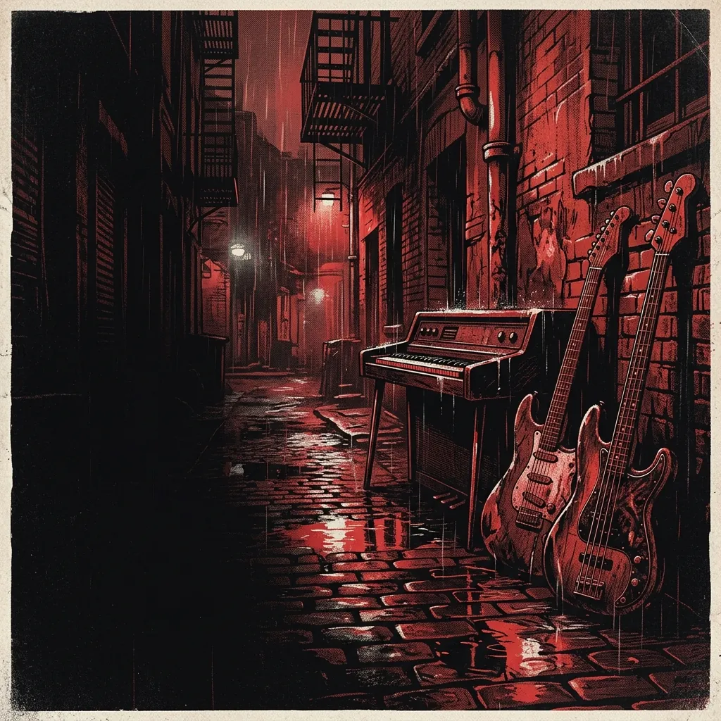 ilustración tributo de guitarras eléctricas y un teclado en un callejón noctámbulo de Southampton bajo la lluvia, atmósfera gótica y teatral, paleta rojo y negro, sin rostros reconocibles ni logos