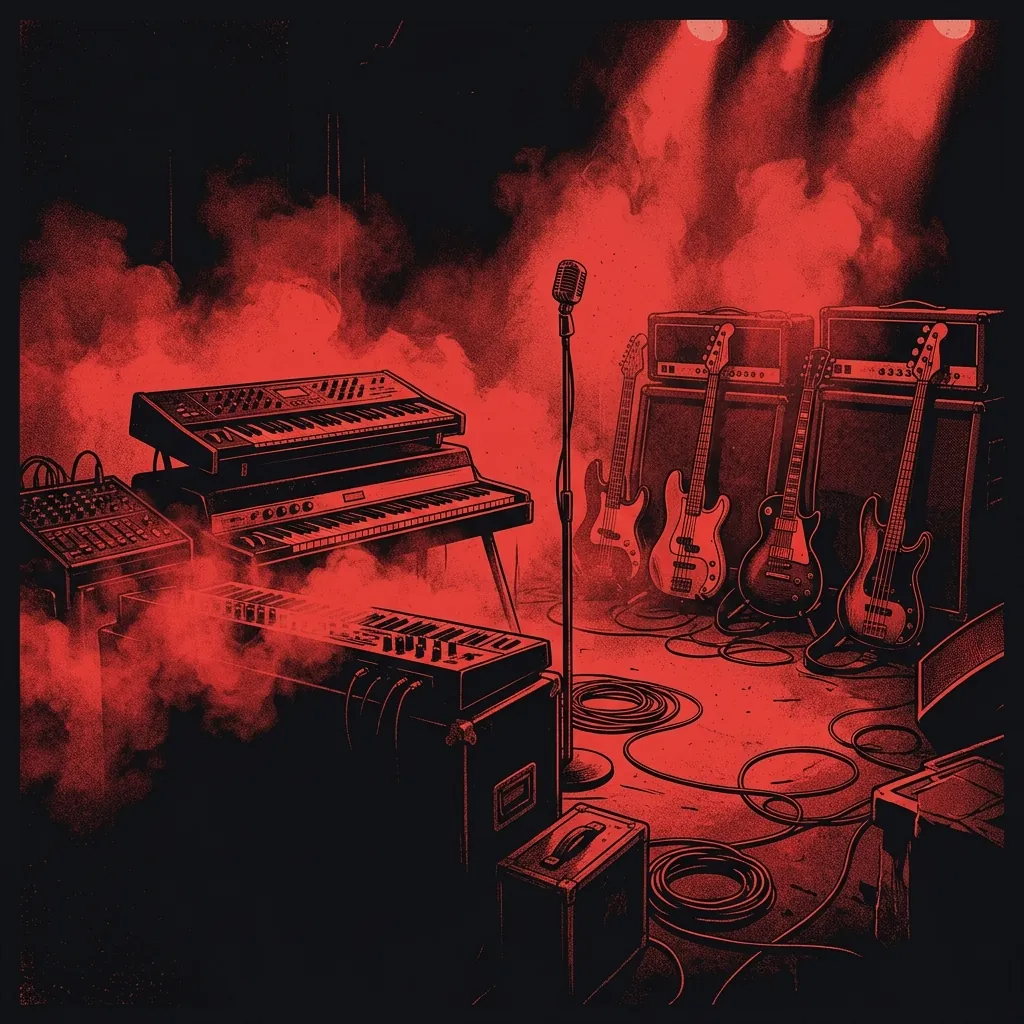ilustración tributo de un escenario de rock envuelto en humo y luz roja, teclados al frente y guitarras al fondo, atmósfera de concierto gótico y cinematográfico, paleta rojo y negro, sin rostros ni logos