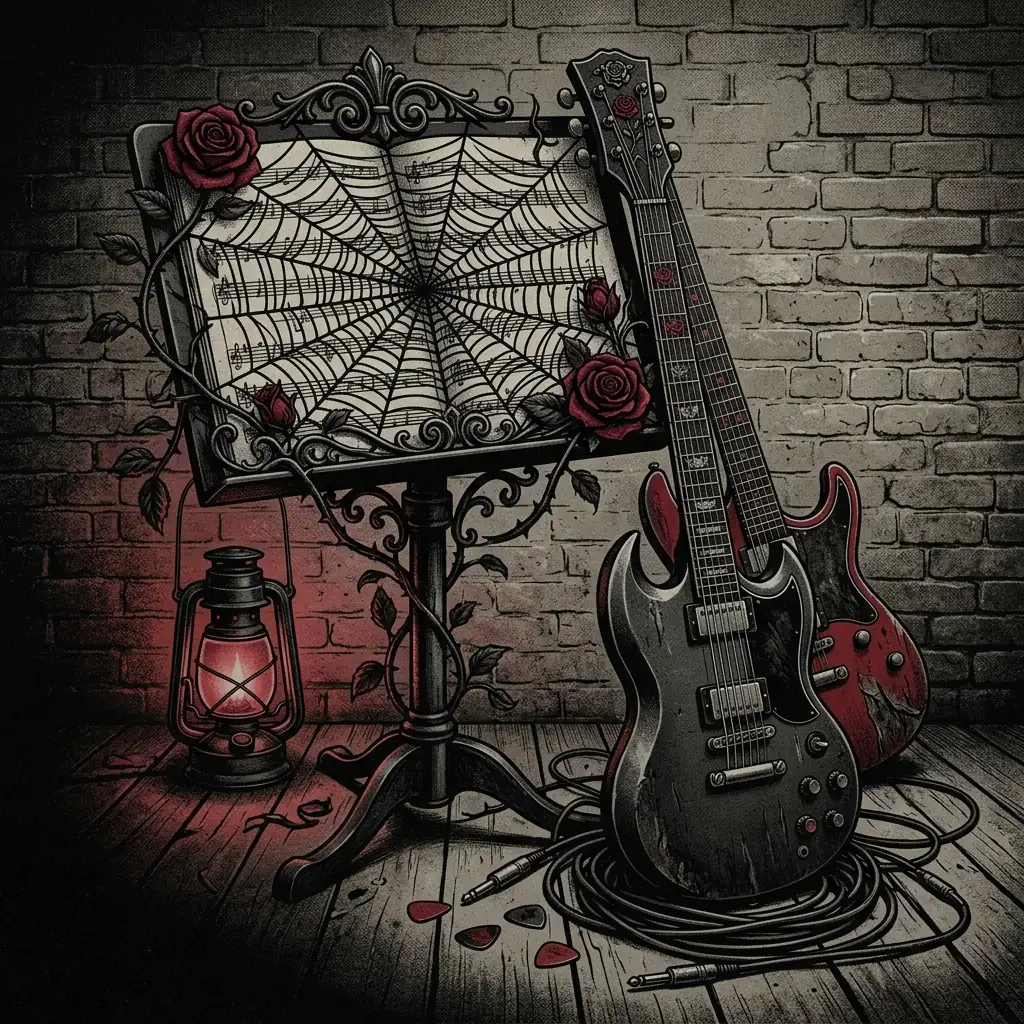 ilustración tributo de una partitura musical convertida en telaraña oscura con rosas rojas, motivos victorianos y guitarras eléctricas, paleta rojo y negro, sin texto ni logotipos