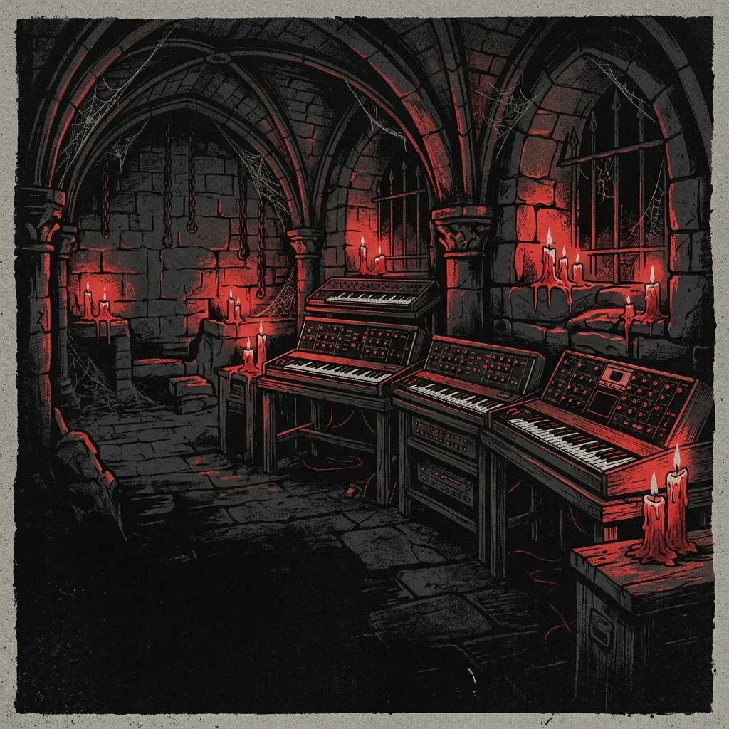 ilustración tributo de una cripta de piedra gótica con velas carmesí y teclados analógicos entre sombras, atmósfera de gothic metal alemán años 90, sin rostros reconocibles ni logos, paleta rojo y negro profundo