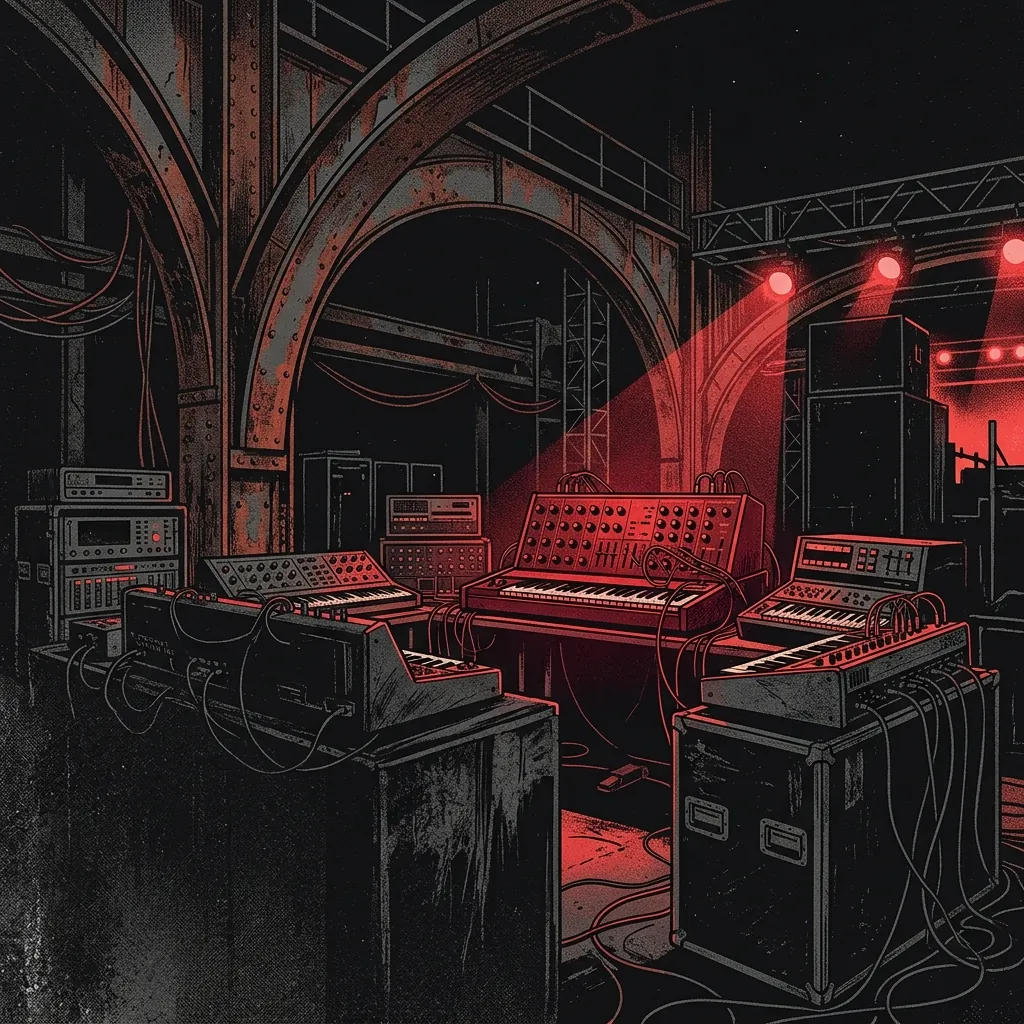 ilustración tributo de un escenario industrial nocturno con sintetizadores iluminados en rojo bajo arcos de acero oxidado, atmósfera de gothic metal alemán fin de los 90, sin rostros ni logos, paleta negro y carmesí