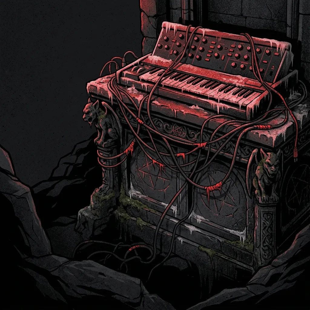 ilustración tributo de un teclado de sintetizador cubierto de escarcha roja sobre un altar de piedra gótica, pentagramas y cables entrelazados, atmósfera de gothic metal industrial alemán, sin texto ni logotipos, paleta rojo sangre y negro