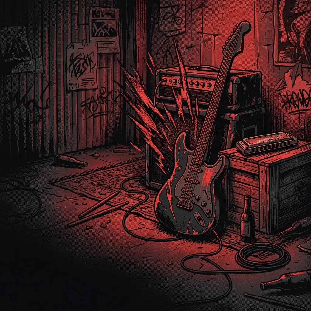 ilustración tributo de una guitarra eléctrica con fuzz exagerado y una armónica en un garaje de Pennsylvania iluminado por luz roja, atmósfera de rock underground sucio, paleta rojo y negro, sin rostros reconocibles ni logos