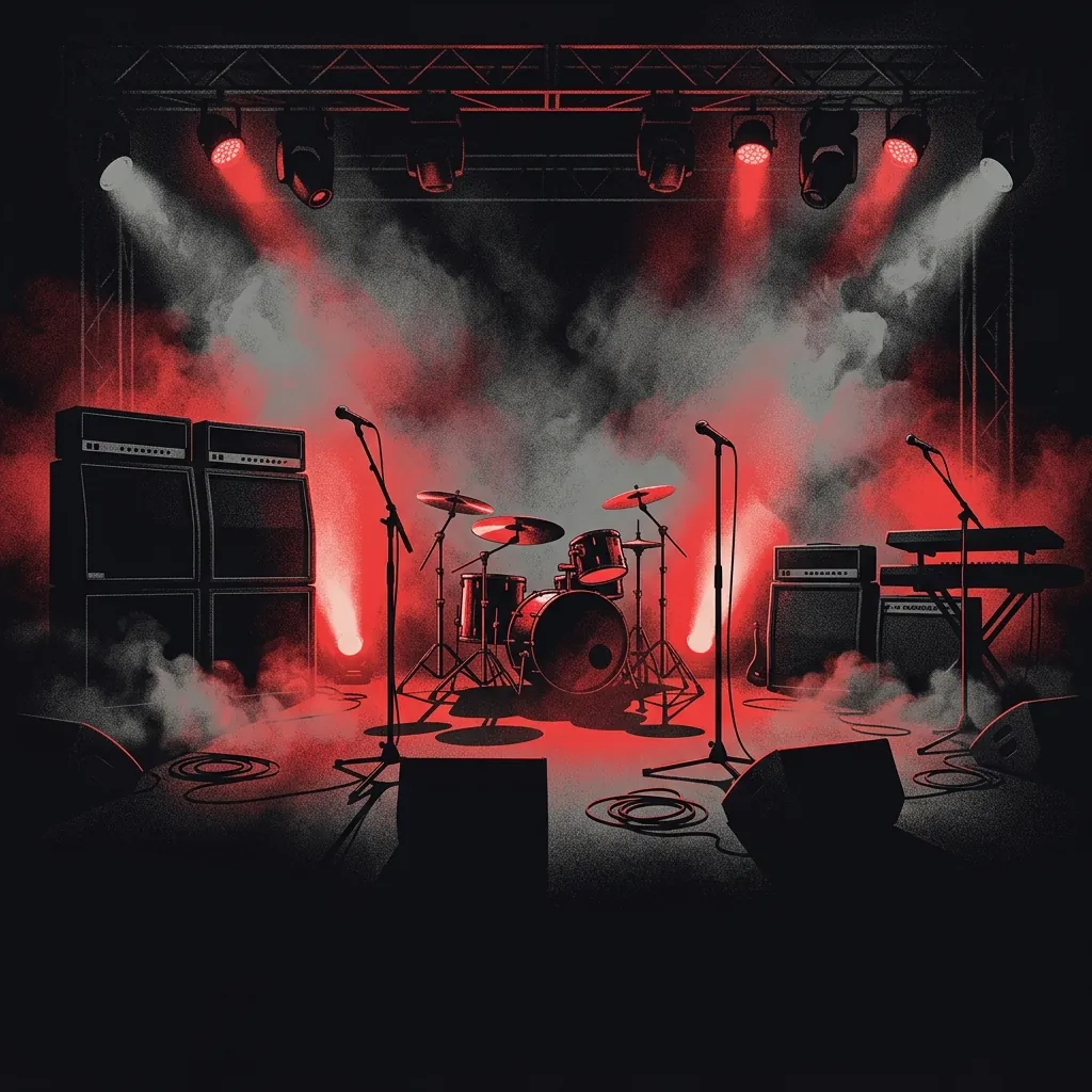 ilustración tributo de un escenario de concierto mediano iluminado con luz roja desde abajo, siluetas de cuatro músicos en acción, humo de máquina cubriendo el suelo, paleta rojo y negro, sin rostros ni logos
