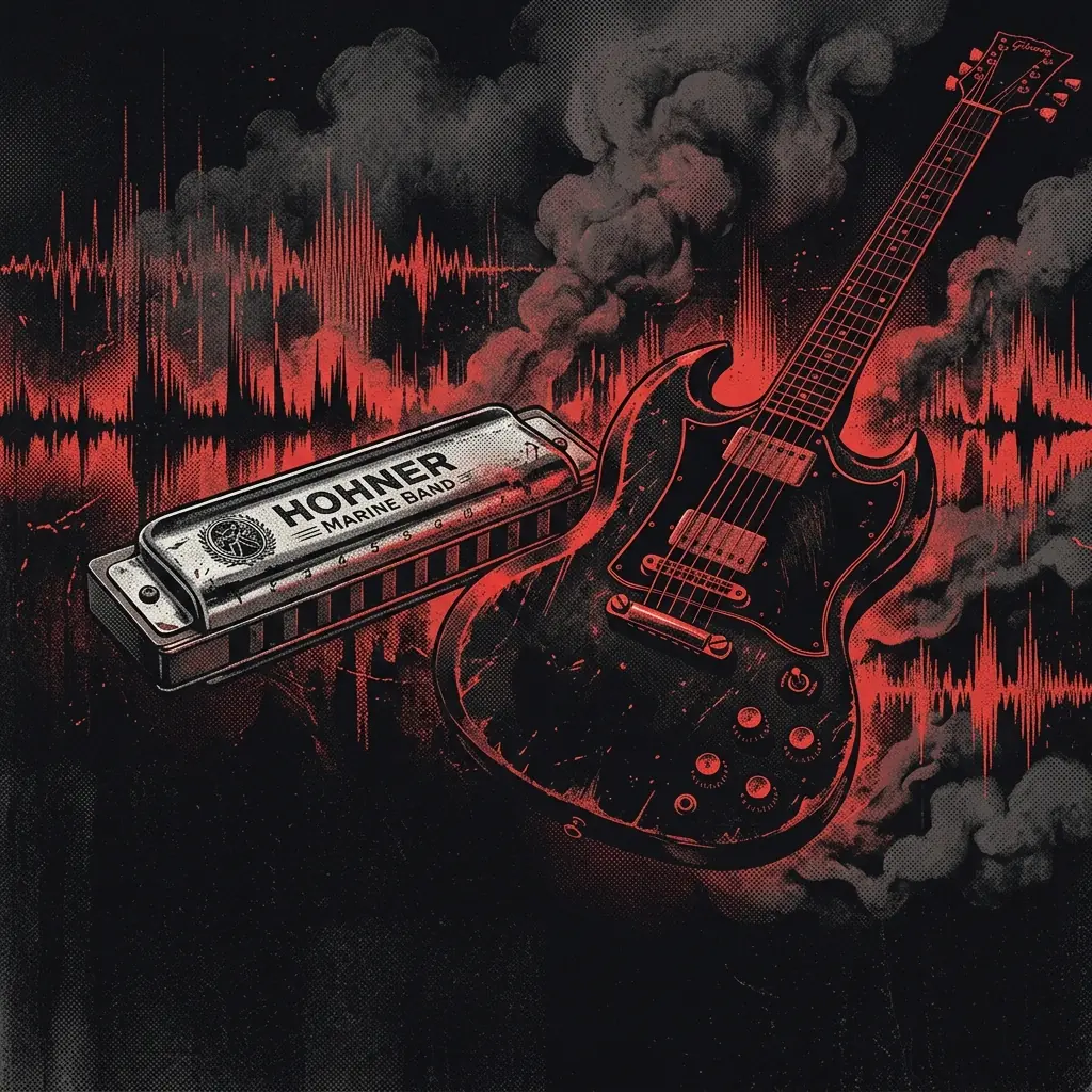 ilustración tributo de una armónica y una guitarra con fuzz superpuestas sobre un fondo de ondas sonoras y humo, estética rock underground de los 70 reinterpretada en los 2010s, paleta rojo y negro, sin texto ni logotipos