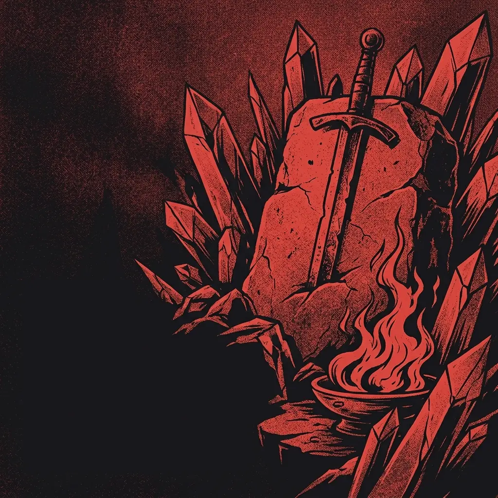 ilustración tributo de una espada clavada en piedra entre cristales fracturados y llamas de un ritual antiguo, atmósfera heavy metal polaco años 2000, sin rostros reconocibles ni logos, paleta rojo y negro