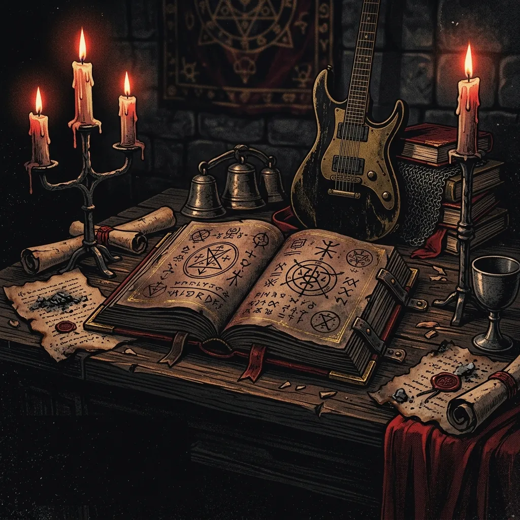 ilustración tributo de un grimorio abierto entre candelabros y pergaminos quemados, atmósfera de heavy metal conceptual medieval, sin rostros ni logos, paleta rojo y negro con toques dorados