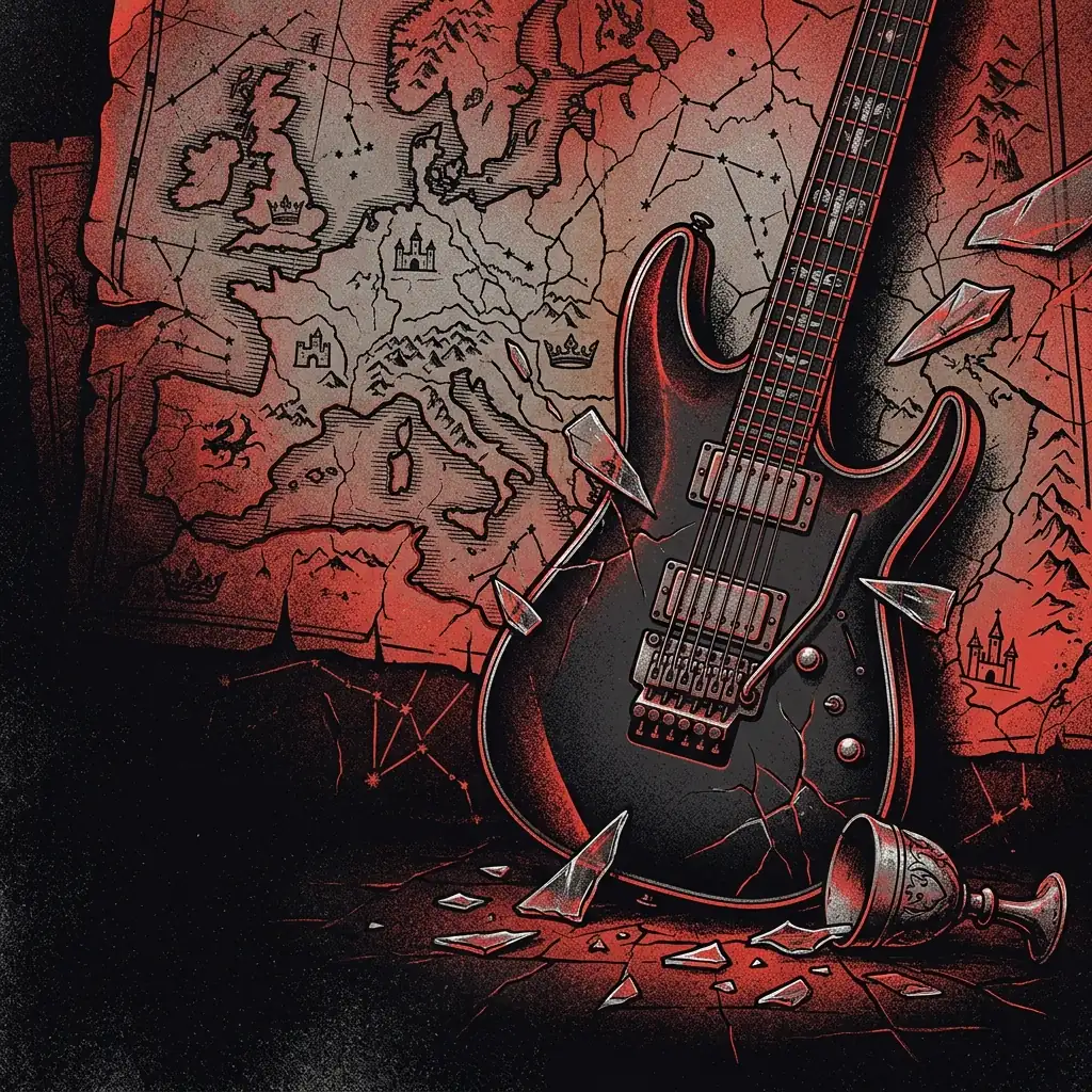 ilustración tributo de una guitarra eléctrica y un cristal roto sobre un fondo de mapas medievales y constelaciones, atmósfera power metal europeo clásico, sin texto ni logotipos, paleta rojo y negro con destellos plateados
