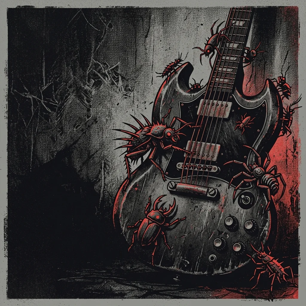 ilustración tributo grotesca y humorística de insectos estilizados sobre una guitarra eléctrica pesada, estética hard rock oscura, paleta rojo y negro, sin rostros ni logos