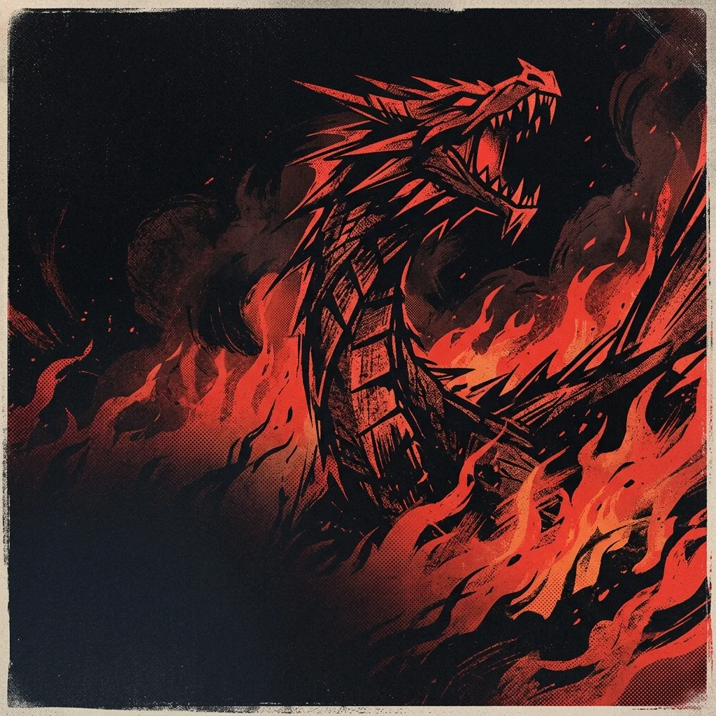 ilustración tributo de un dragón estilizado entre llamas rojas sobre fondo negro, estética hard rock pesada, sin rostros ni logos
