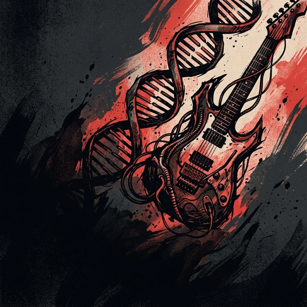 ilustración tributo de una pintura expresionista oscura fundida con una guitarra eléctrica, estética grotesca y teatral, paleta rojo y negro, sin texto ni logotipos