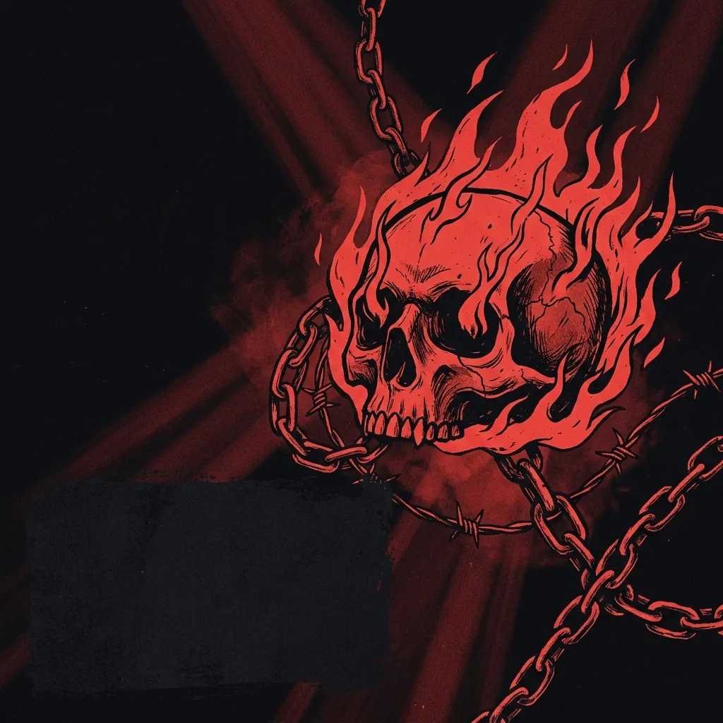 ilustración tributo de una calavera envuelta en llamas rojas sobre fondo negro profundo, rayos de luz sombría y cadenas, atmósfera demoníaca y pesada, sin rostros reconocibles ni logos, paleta rojo sangre y negro