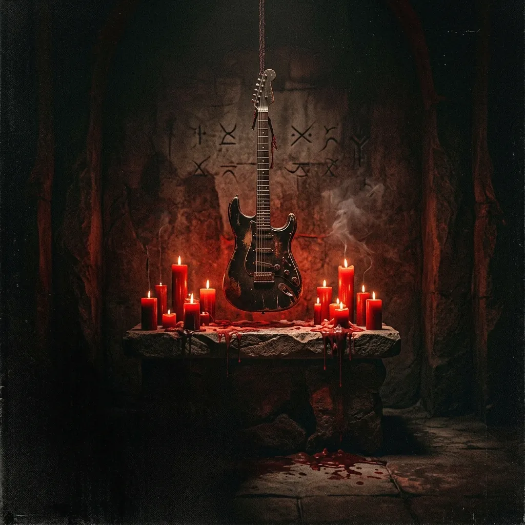 ilustración tributo de una guitarra eléctrica de cuerpo oscuro suspendida sobre un altar de velas rojas y sombras espesas, ambiente ritual y pesado, sin rostros ni logos reconocibles, paleta rojo sangre y negro