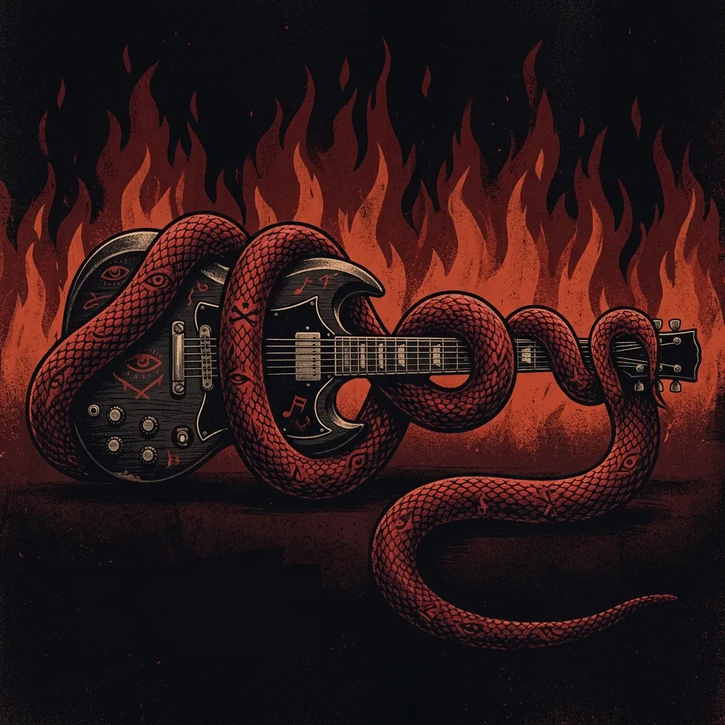 ilustración tributo de una serpiente enroscada alrededor de una guitarra eléctrica negra sobre fondo de llamas rojas y oscuridad densa, motivos ocultistas y blues del delta fusionados, sin texto ni logotipos, paleta rojo sangre y negro profundo