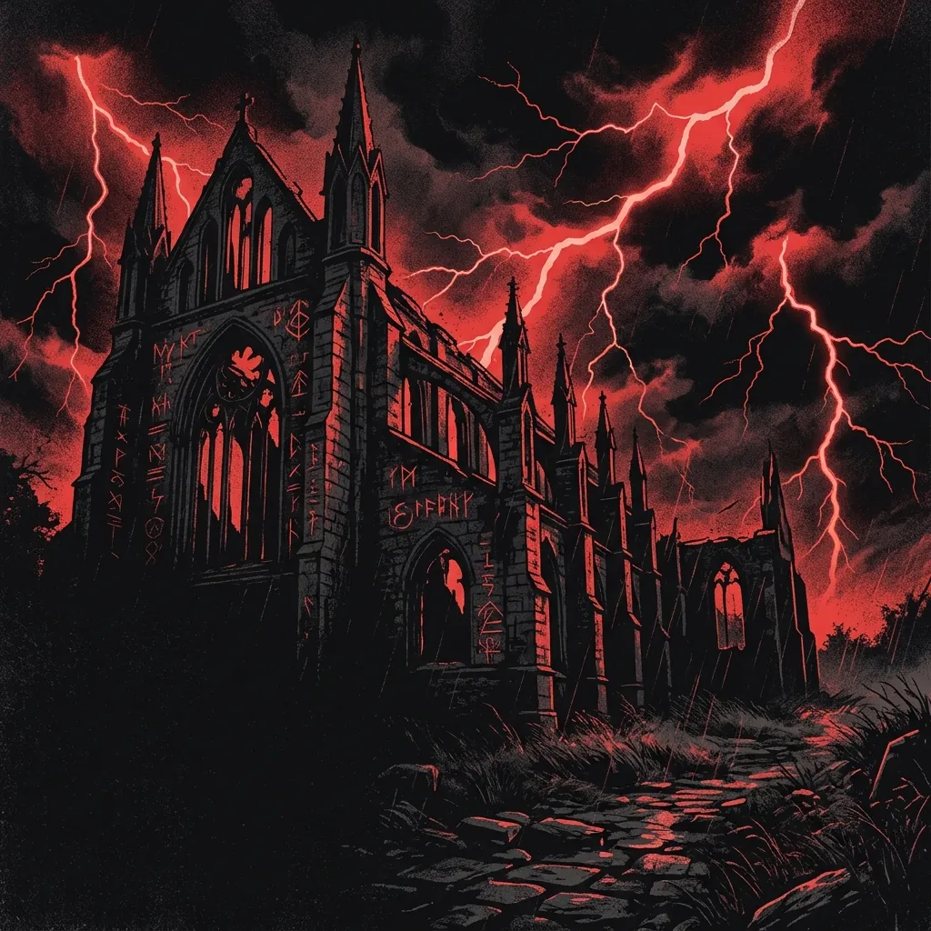ilustración tributo de una catedral gótica en ruinas bajo tormenta eléctrica en Stockholm, relámpagos rojos sobre piedra negra, runas nórdicas grabadas en los muros, atmósfera de black metal sueco primera mitad de los 90, sin rostros reconocibles ni logos, paleta rojo carmesí y negro absoluto