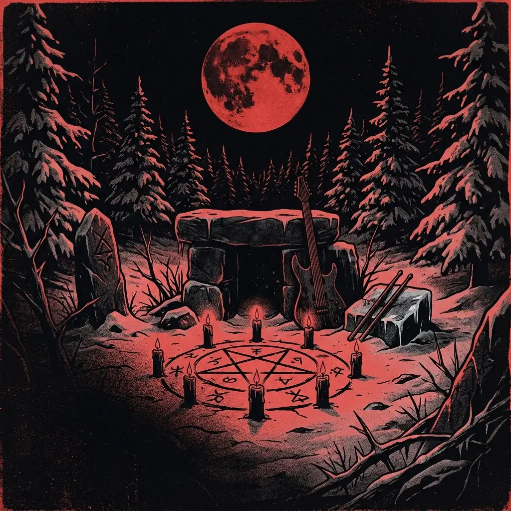ilustración tributo de un altar de piedra negra bajo luna llena roja, velas negras ardiendo en círculo, símbolos satánicos grabados en el suelo helado de un bosque nórdico nevado, atmósfera de black metal sueco finales de los 90 y principios de los 2000, sin rostros ni logos, paleta rojo sangre y negro profundo