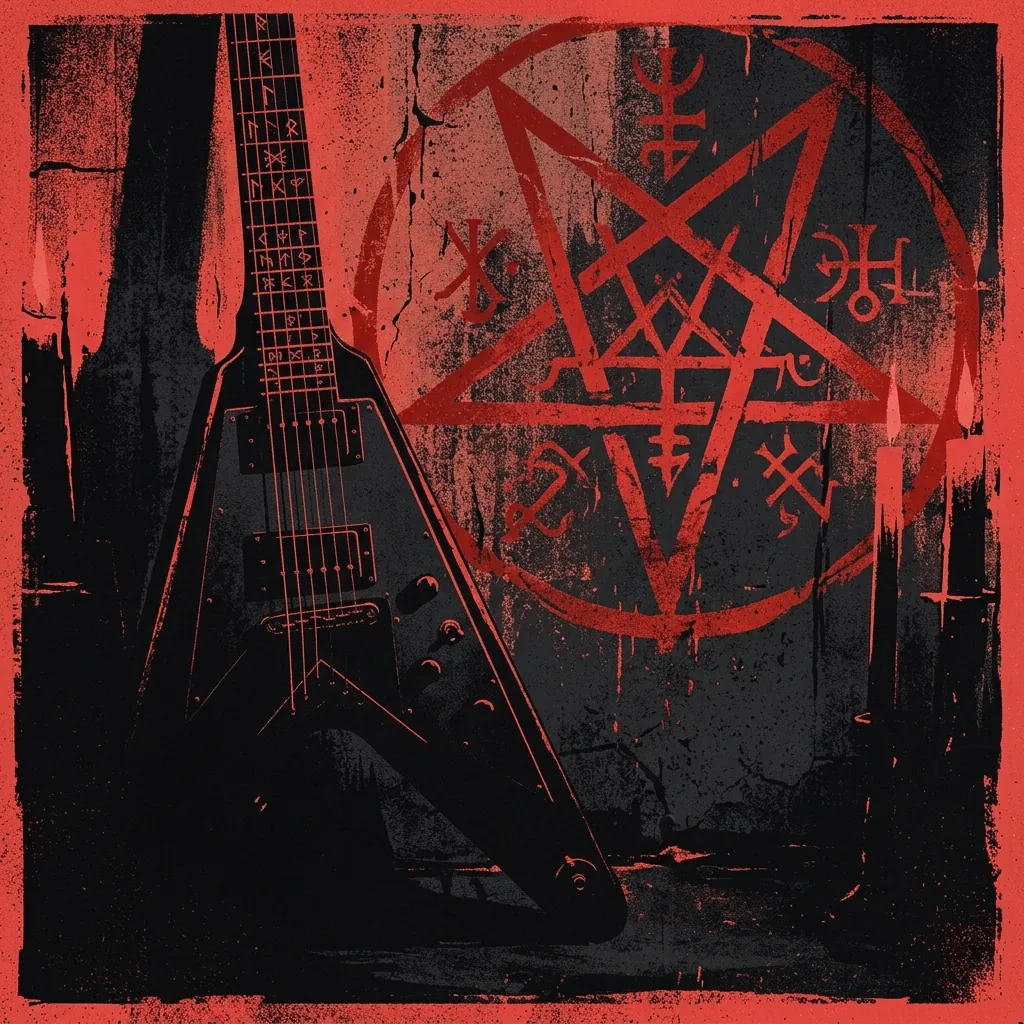 ilustración tributo de una guitarra eléctrica negra con runas nórdicas grabadas en el mástil, sobre fondo de pentagrama invertido en rojo carmesí y negro, atmósfera de black metal sueco, sin texto ni logotipos reconocibles, paleta rojo sangre y negro absoluto