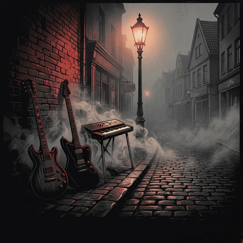 ilustración tributo de guitarras eléctricas y un teclado entre niebla densa bajo luz tenue de farola urbana sueca, atmósfera melodic death metal Gotemburgo 1989, sin rostros reconocibles ni logos, paleta rojo y negro