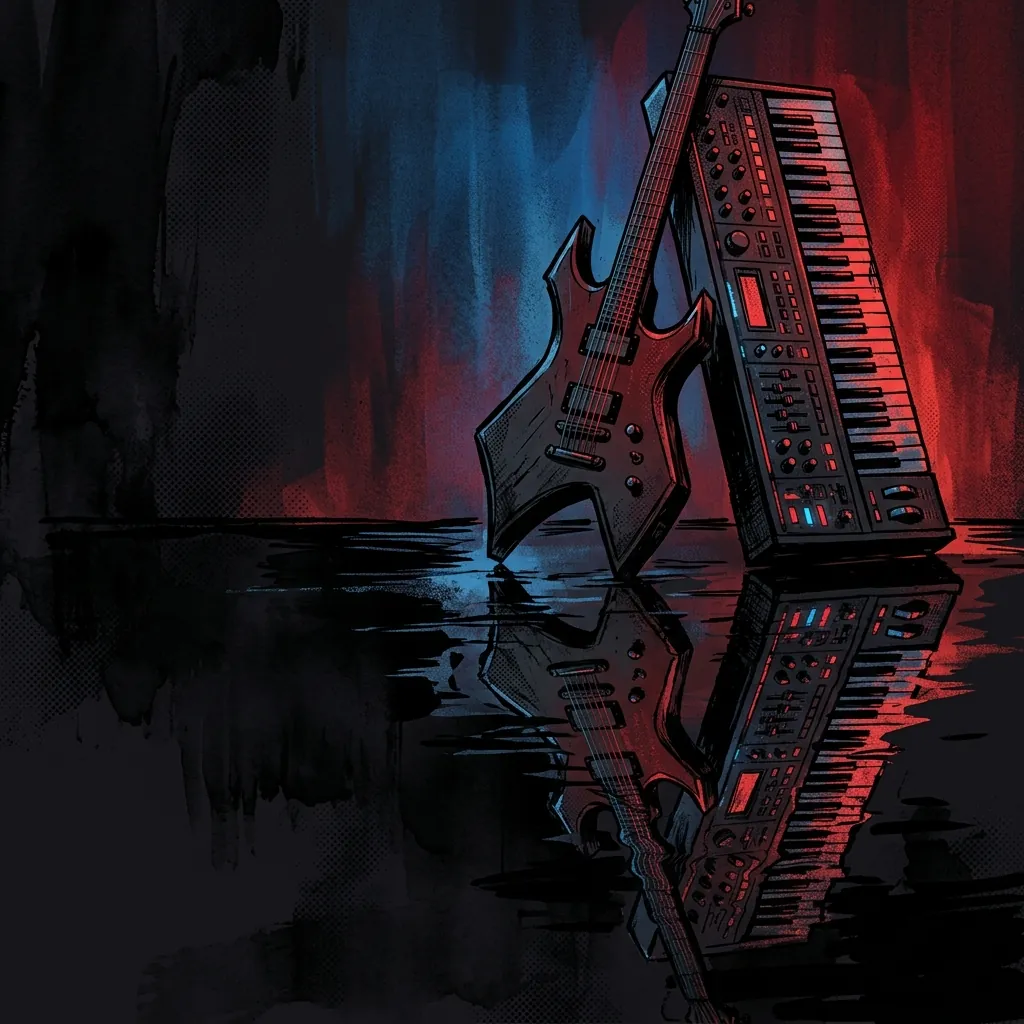 ilustración tributo de un teclado y una guitarra eléctrica en equilibrio sobre una superficie espejada bajo luz azul y roja, atmósfera melodic death metal introspectiva, sin texto ni logotipos, paleta rojo y negro con destellos de acero