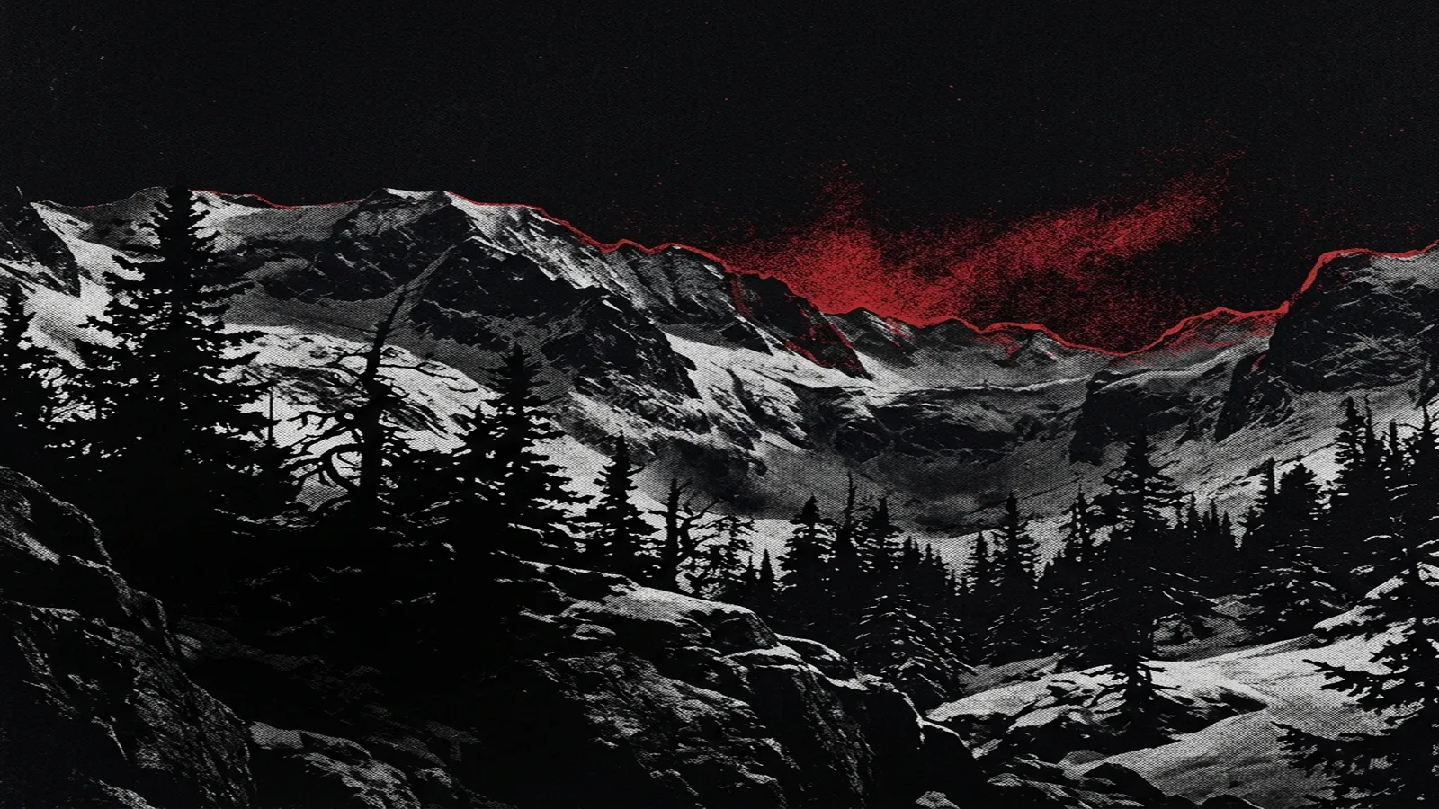 ilustración tributo de un bosque de pinos noruego cubierto de nieve bajo un cielo nocturno con luna llena, atmósfera de black metal escandinavo años 90, sin rostros reconocibles ni logos, paleta rojo y negro profundos