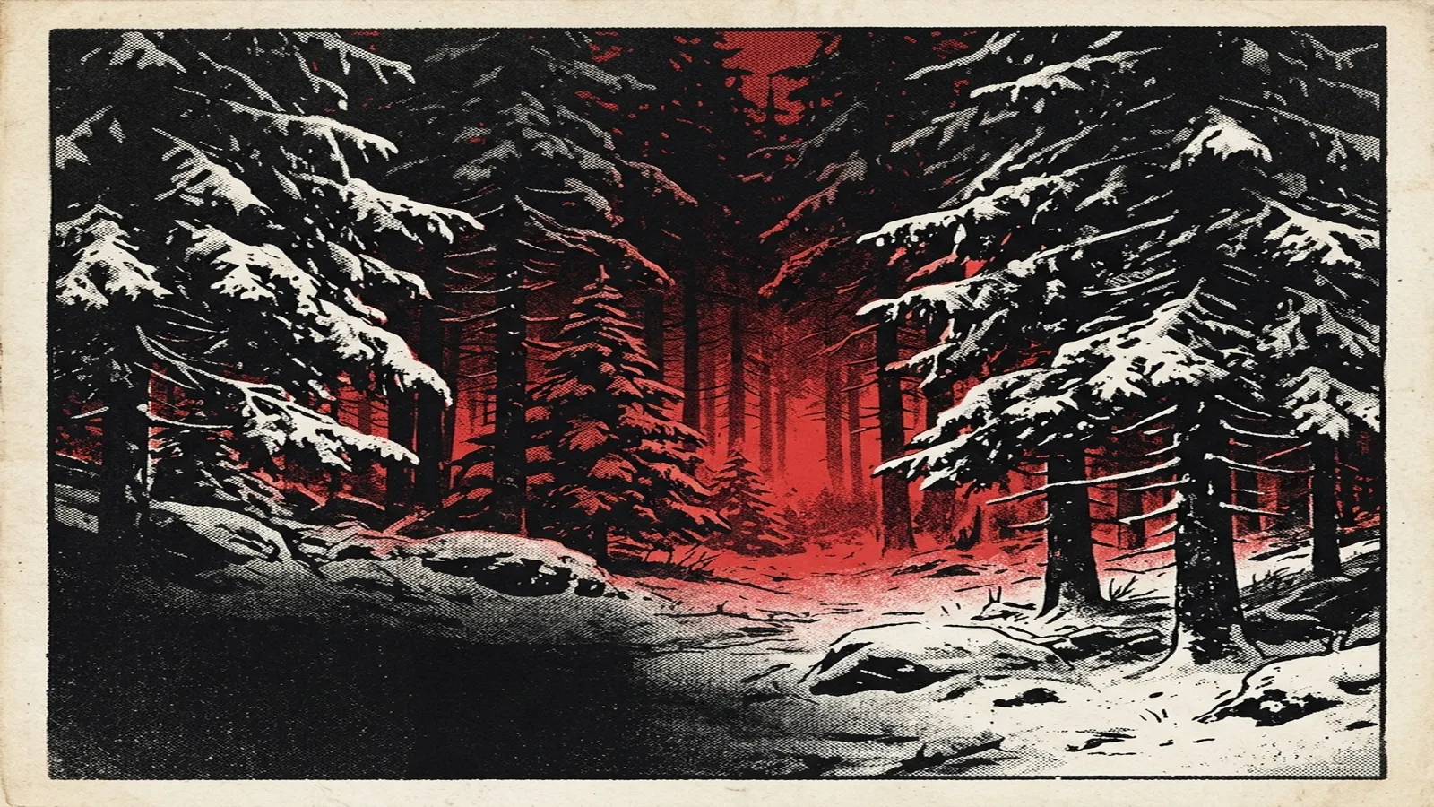 ilustración tributo de una guitarra eléctrica apoyada en una pared de piedra húmeda con musgo, luz de luna entrando por una ventana rota, atmósfera de black metal noruego, sin texto ni logotipos, paleta rojo y negro con toque de blanco helado