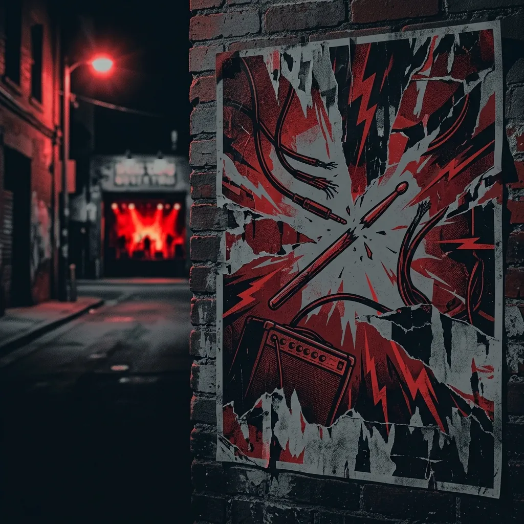 ilustración tributo de un cartel de concierto rasgado sobre una pared de ladrillos en San Francisco nocturno, electricidad en el aire, luz roja desde el escenario de fondo, paleta rojo y negro intenso, sin rostros reconocibles ni logos