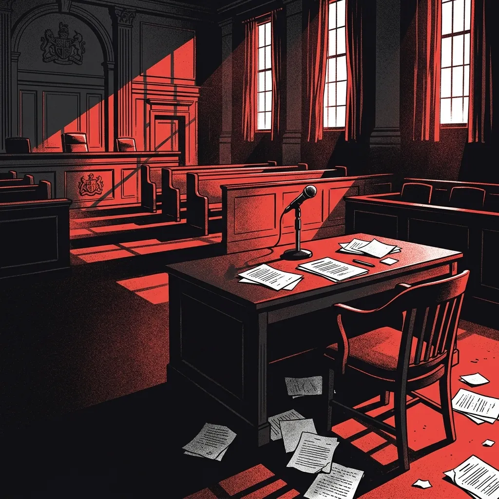ilustración tributo de una sala de audiencias vacía con un micrófono solitario sobre la mesa de la defensa, papeles esparcidos, luz dura y ambiente claustrofóbico, paleta rojo y negro, sin rostros ni logos