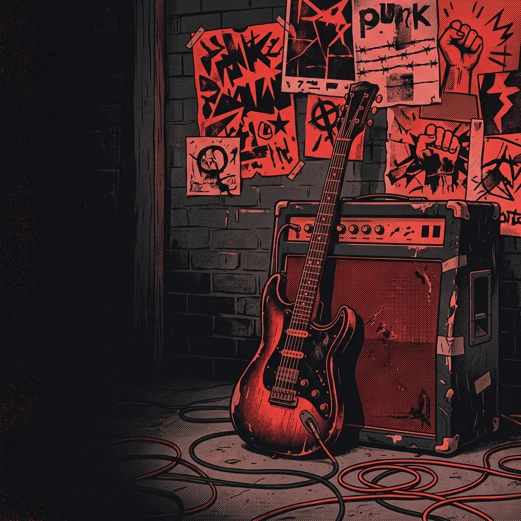 ilustración tributo de una guitarra eléctrica apoyada sobre un amplificador con carteles de protesta detrás, cables en el suelo de un garaje oscuro, ambiente de ensayo punk underground, paleta rojo y negro, sin texto ni logotipos