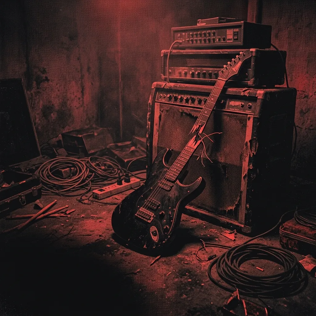 ilustración tributo de una guitarra eléctrica destrozada y un amplificador obsoleto en un sótano de Florida bajo una luz roja tenue, atmósfera sofocante de primeros días del death metal a mediados de los 80, sin rostros reconocibles ni logos, paleta rojo y negro