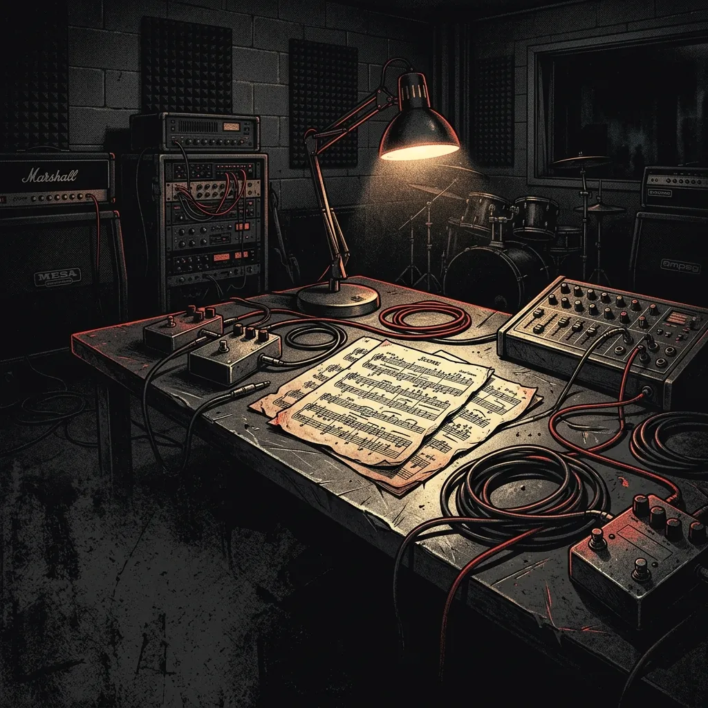 ilustración tributo de una partitura fragmentada sobre un escritorio metálico con cables de guitarra enredados y una lámpara de estudio que proyecta sombras largas, atmósfera de estudio de grabación underground en Florida a principios de los 90, metal progresivo y técnico emergiendo, sin rostros ni logos, paleta rojo y negro