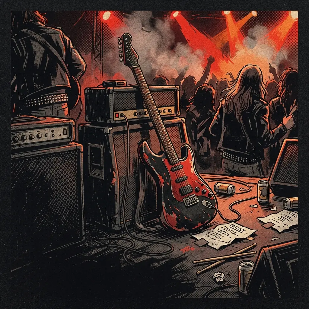 ilustración tributo de una guitarra eléctrica vibrante sobre un fondo oscuro con destellos de luz roja, atmósfera thrash metal Bay Area años 80, imagen de energía adolescente desbordante, paleta rojo y negro, sin rostros reconocibles ni logos